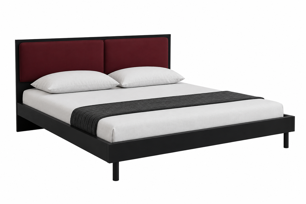 Lit plateforme noir mat avec tête de lit bordeaux 140x200 cm