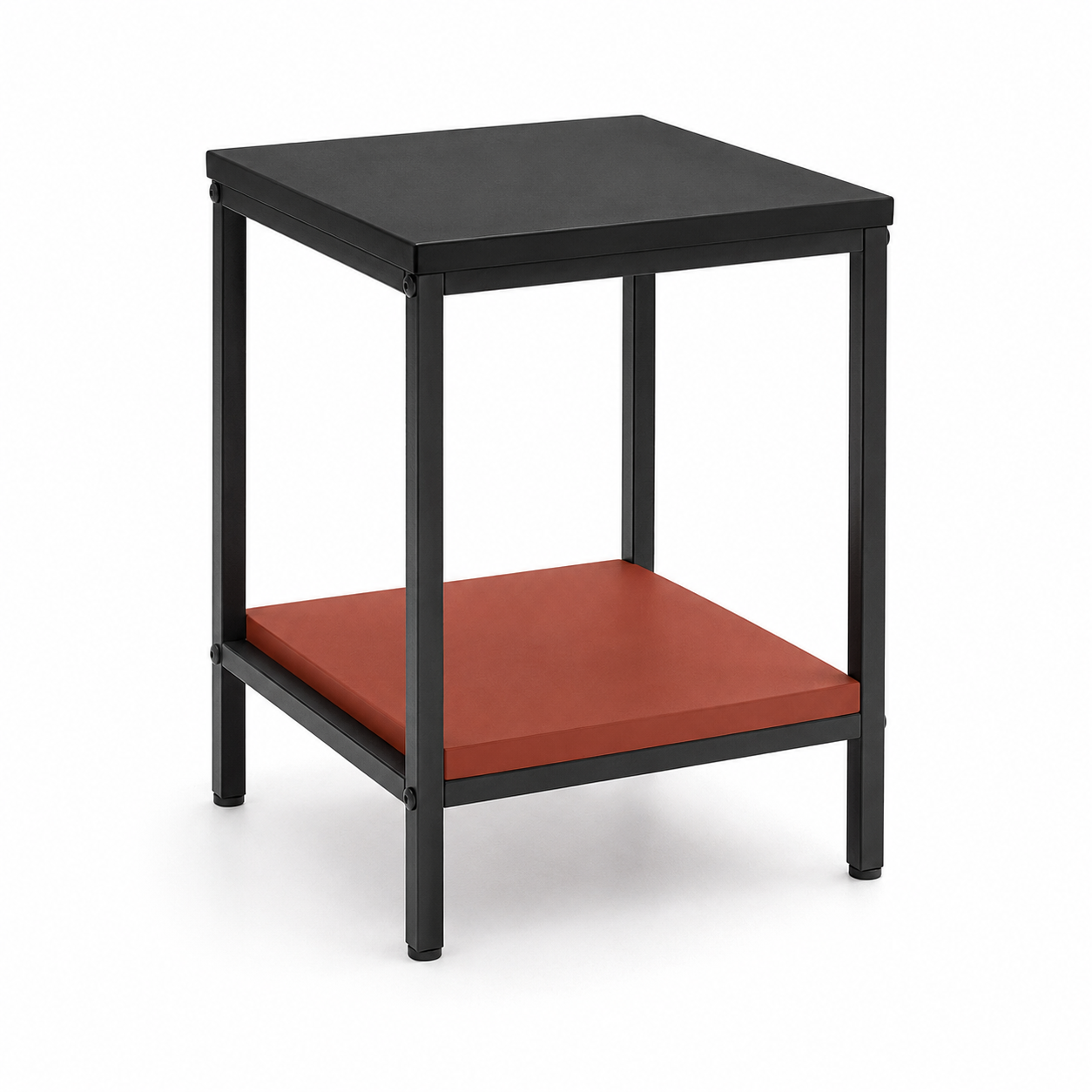 Table de chevet métal noir avec tablette rouge brique 38x32x50 cm