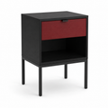 Table de chevet noire sur pieds acier avec tiroir rouge 45x35x58 cm