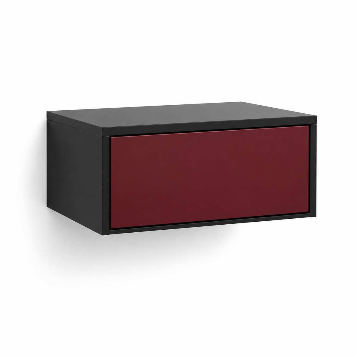 Table de chevet noire suspendue avec façade bordeaux 45x30x25 cm