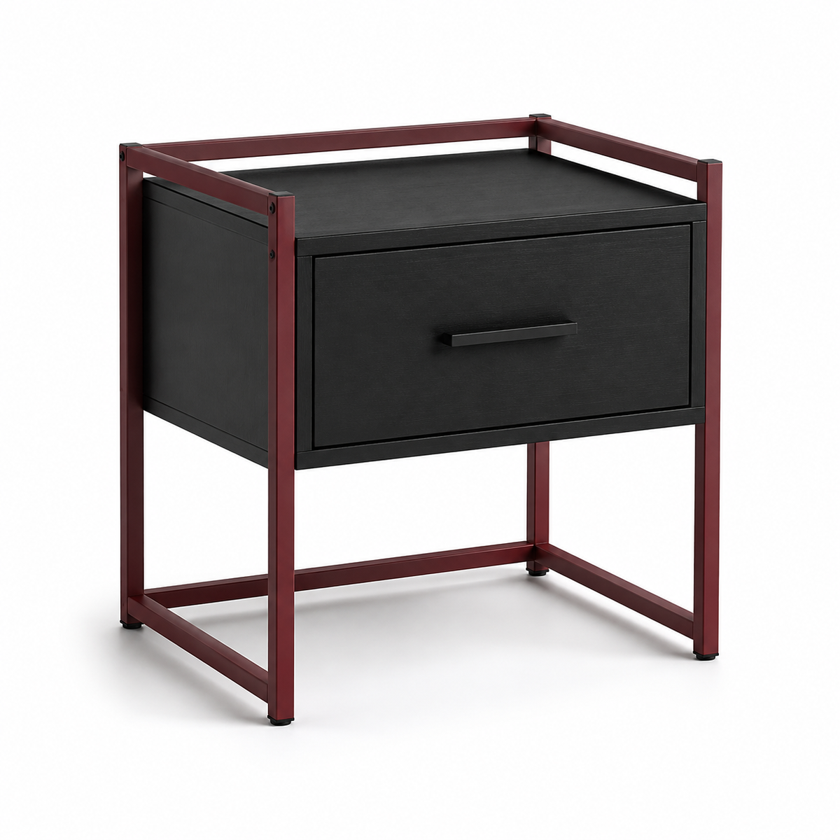 Table de chevet noire avec cadre acier rouge sombre 44x36x54 cm