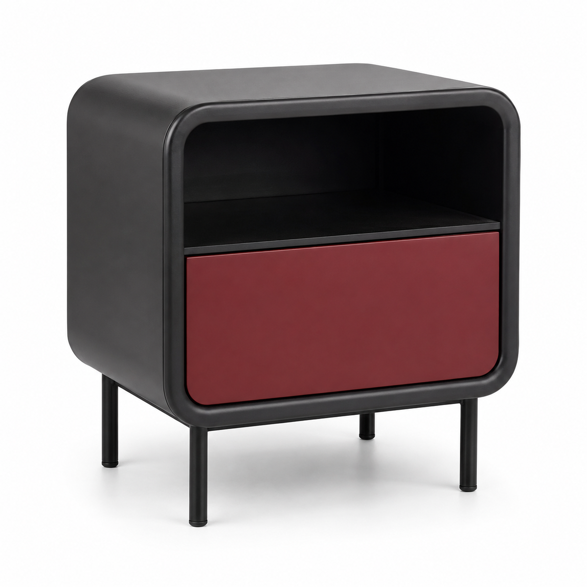 Table de chevet noire arrondie avec tiroir bordeaux 46x40x53 cm