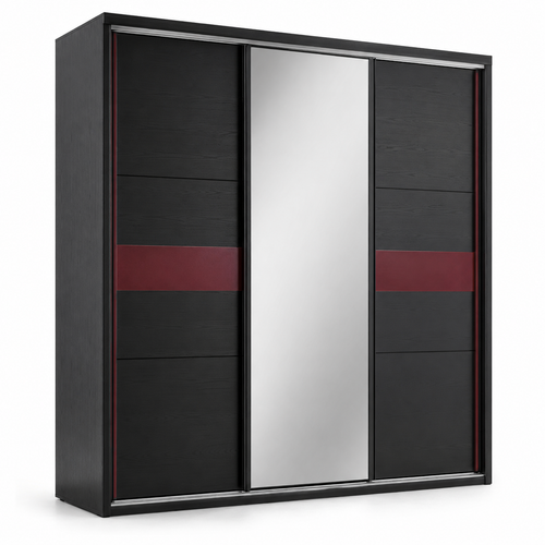 Armoire coulissante noire avec miroir central bordeaux 160x60x205 cm