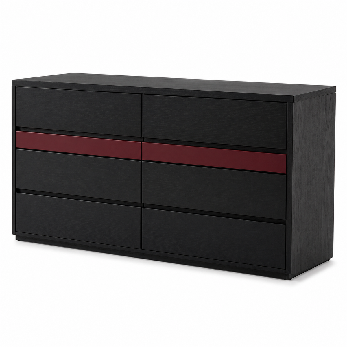 Commode noire six tiroirs avec bande bordeaux 140x45x80 cm