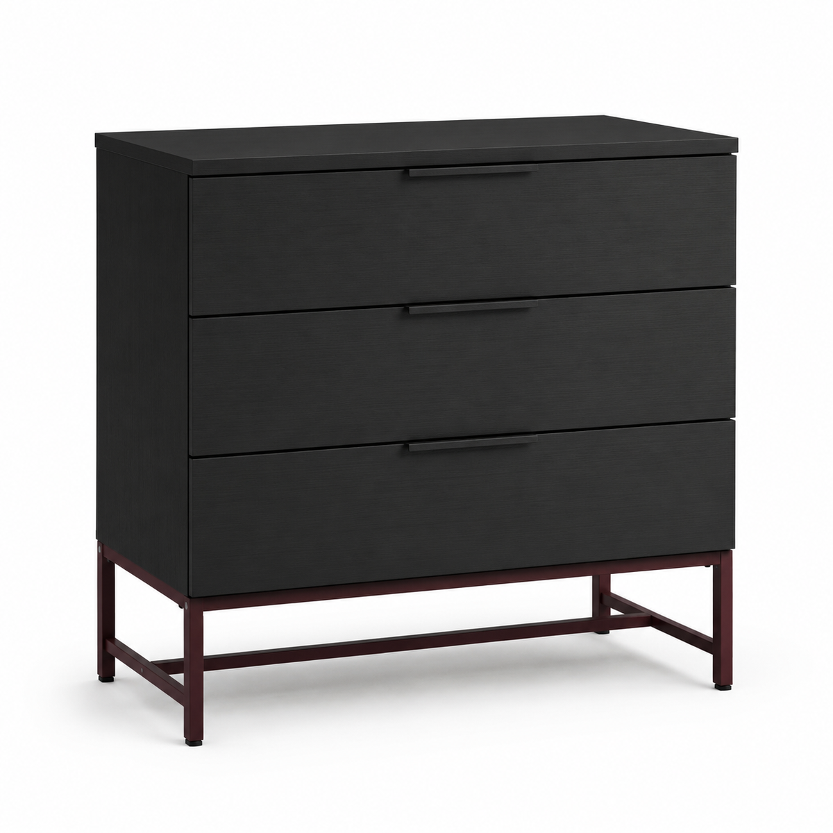 Commode noire trois tiroirs sur pieds acier rouge sombre 82x40x80 cm