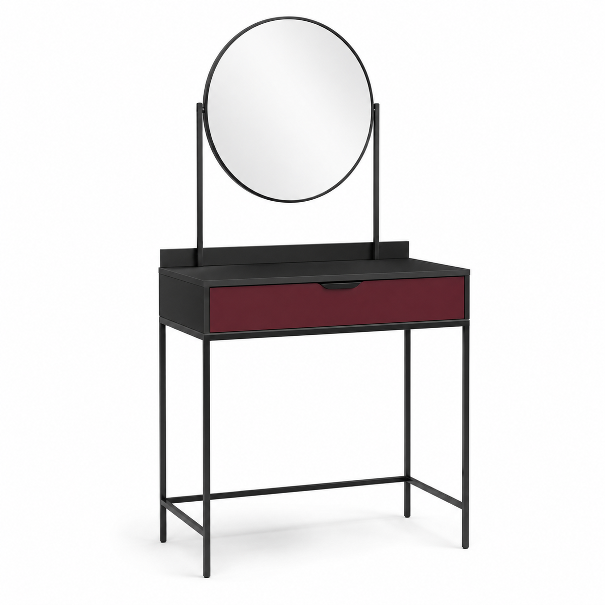 Coiffeuse noire avec miroir rond et tiroir bordeaux 90x40x135 cm