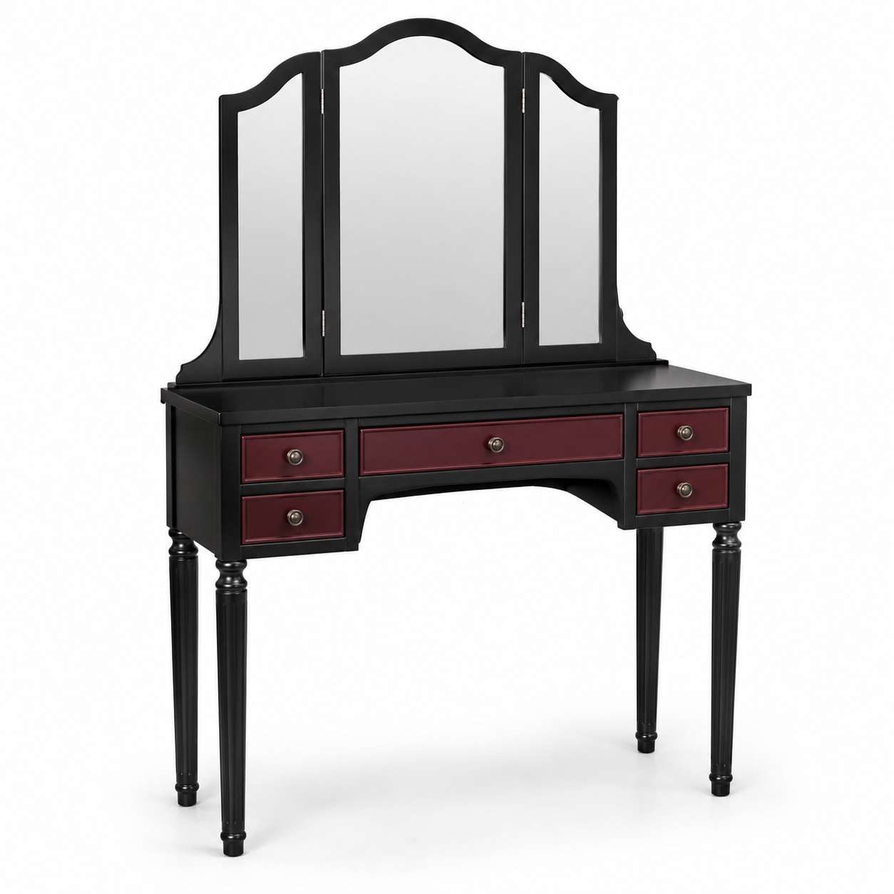 Coiffeuse noire avec miroir triptyque bordeaux 100x42x138 cm